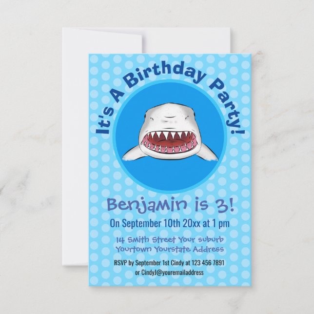 Great white shark mean cartoon illustration invitation (Front)