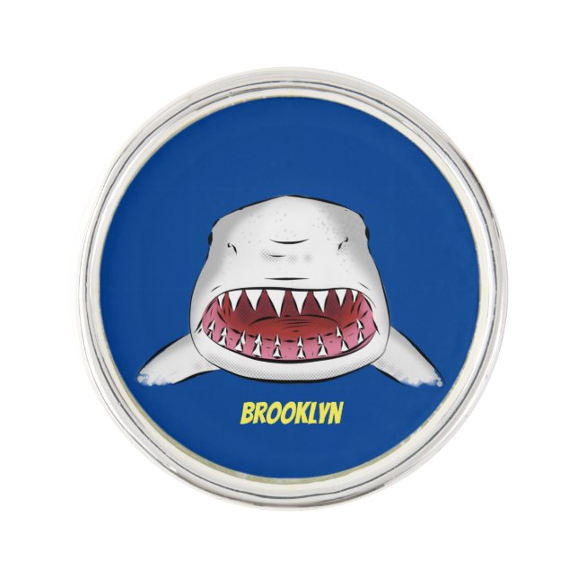 Great white shark mean cartoon illustration lapel pin (Front)
