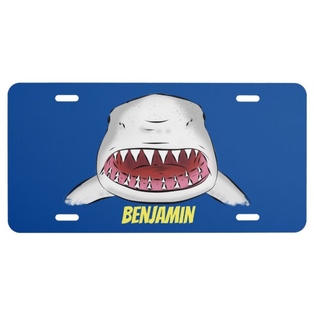 Great white shark mean cartoon illustration  license plate (Front)