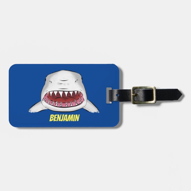 Great white shark mean cartoon illustration luggage tag (Front Horizontal)