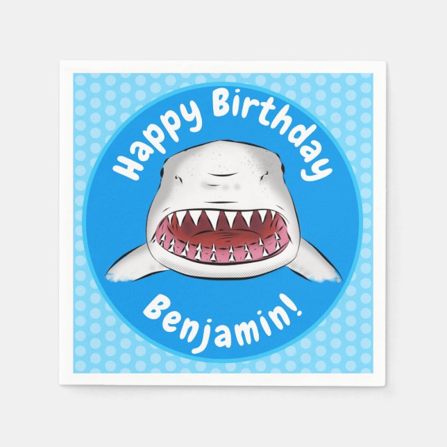 Great white shark mean cartoon illustration napkins (Front)