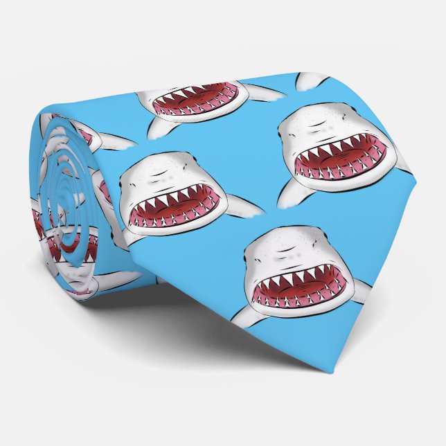 Great white shark mean cartoon illustration neck tie (Rolled)