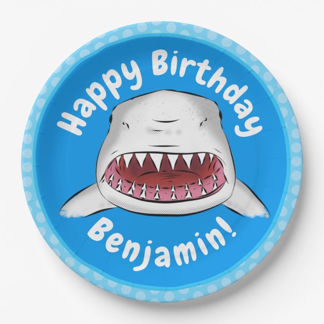 Great white shark mean cartoon illustration paper plates (Front)