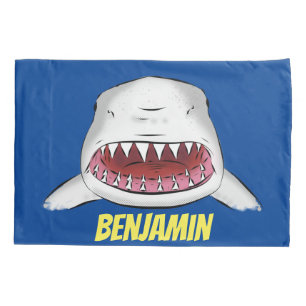 Great white shark mean cartoon illustration pillow case