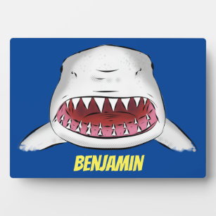 Great white shark mean cartoon illustration plaque