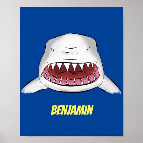 Great white shark mean cartoon illustration poster