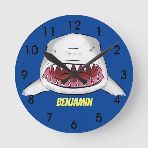 Great white shark mean cartoon illustration round clock