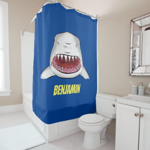 Great white shark mean cartoon illustration shower curtain