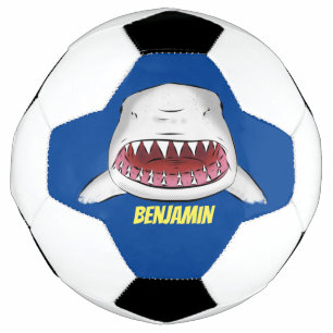 Great white shark mean cartoon illustration soccer ball