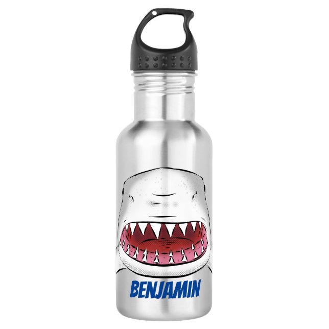 Great white shark mean cartoon illustration stainless steel water bottle (Front)