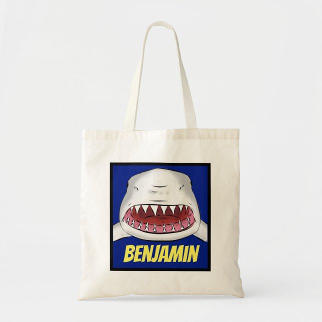 Great white shark mean cartoon illustration tote bag (Front)