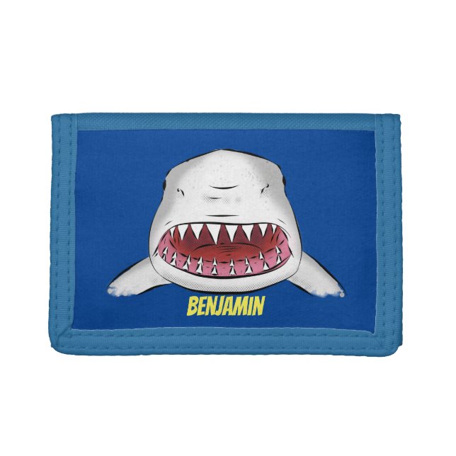 Great white shark mean cartoon illustration trifold wallet (Front)