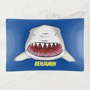 Great white shark mean cartoon illustration trinket tray