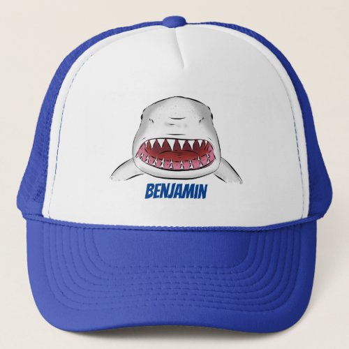 Great white shark mean cartoon illustration trucker hat