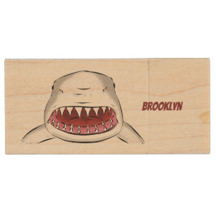 Great white shark mean cartoon illustration wood flash drive