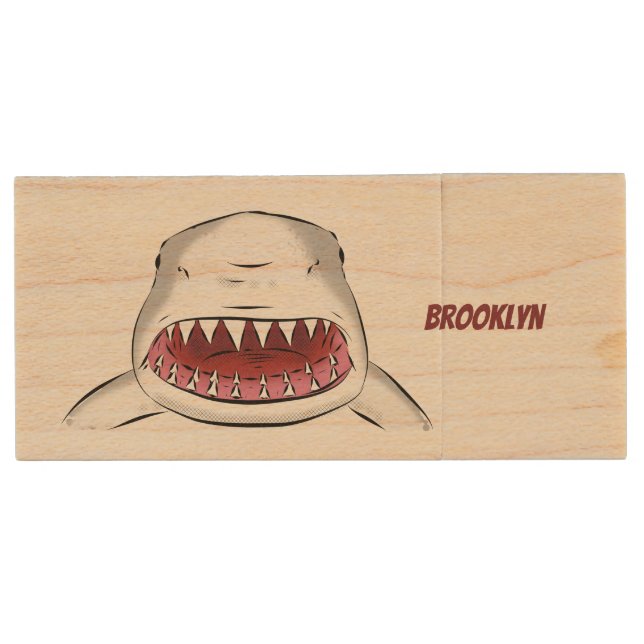 Great white shark mean cartoon illustration wood flash drive (Front)