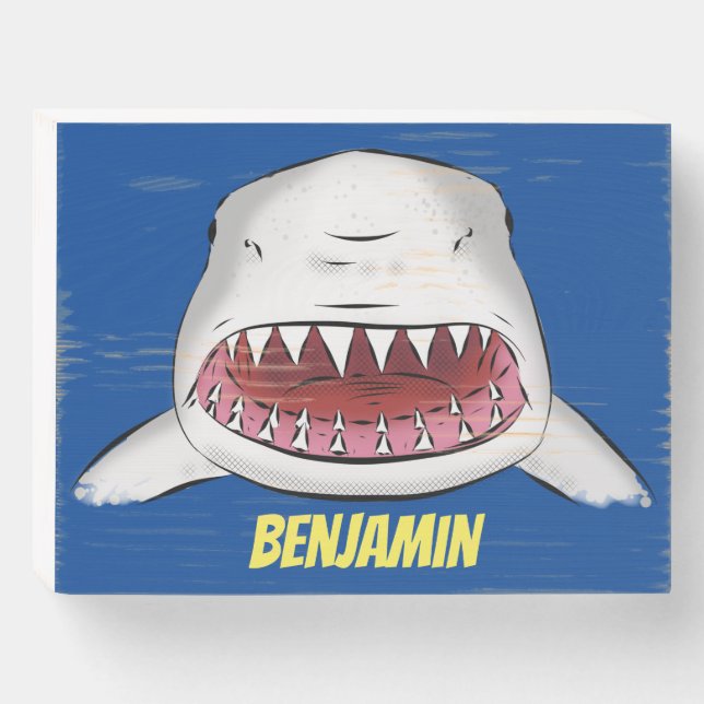 Great white shark mean cartoon illustration wooden box sign (Front Horizontal)