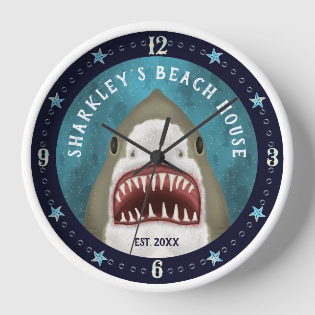 Great White Shark Nautical Custom Beach House Name Clock (Front)