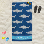 Great White Shark Navy Blue Monogram Name Beach Towel<br><div class="desc">Dive into summer with this cool navy beach towel featuring an ocean pattern of gray great white sharks. A bright blue striped banner at the bottom showcases a bold all-caps personalized monogram name. All text and colors are fully customizable to add any name and adjust the banner color. A must-have...</div>