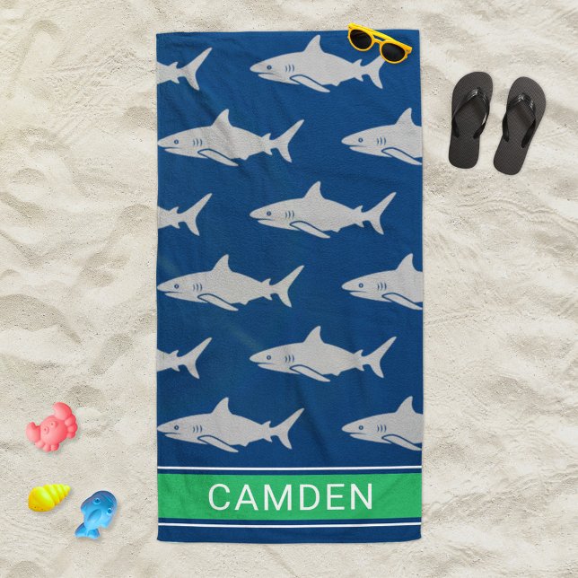 Great White Shark Navy Green Monogram Name Beach Towel (Creator Uploaded)