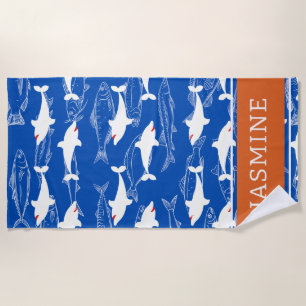 Great White Shark Navy Orange Monogram Beach Towel