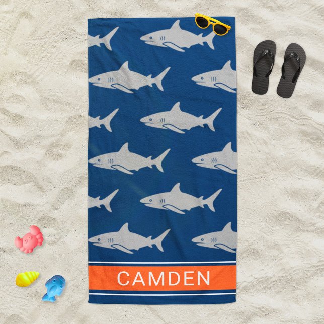 Great White Shark Navy Orange Monogram Name Beach Towel (Creator Uploaded)