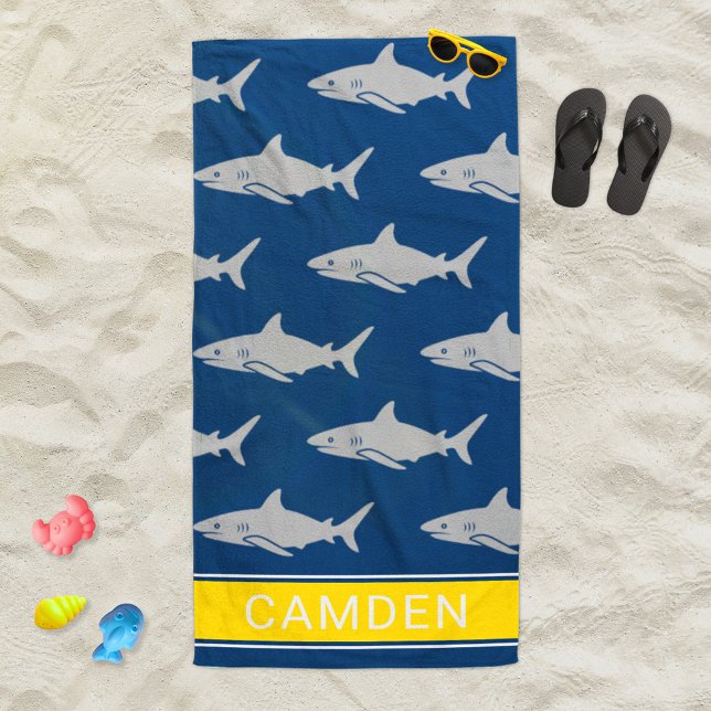Great White Shark Navy Yellow Monogram Name Beach Towel (Creator Uploaded)