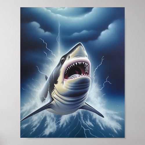 Great White Shark on a Stormy Night Poster