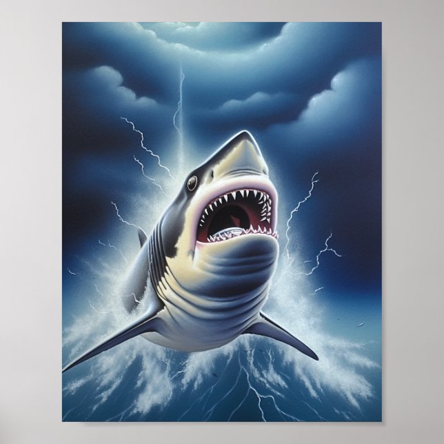 Great White Shark on a Stormy Night Poster (Front)