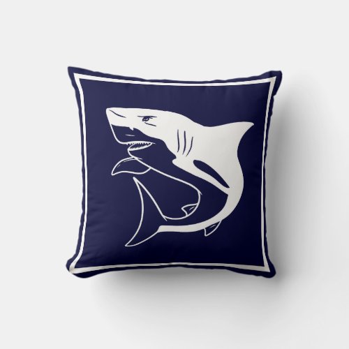Great white shark on navy ocean blue nautical throw pillow