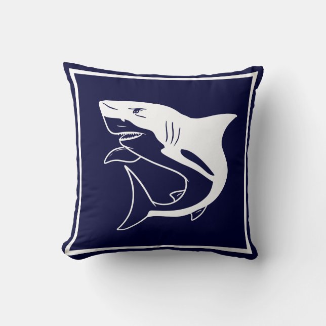 Great white shark on navy ocean blue nautical throw pillow (Front)