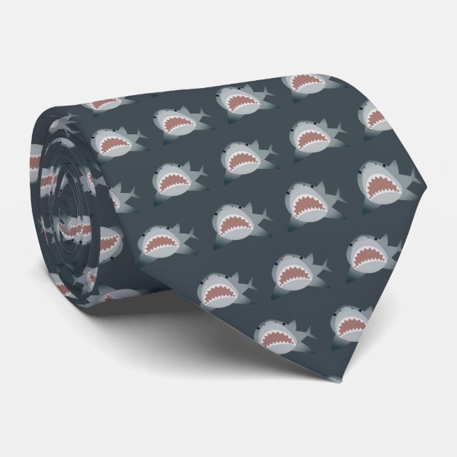 Great White Shark Pattern Navy Blue Neck Tie (Rolled)