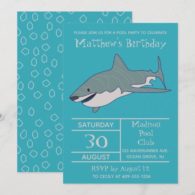 Great White Shark Personalized Birthday Party Invitation (Front/Back)