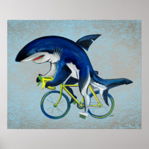 Great White Shark Riding A Bicycle Poster