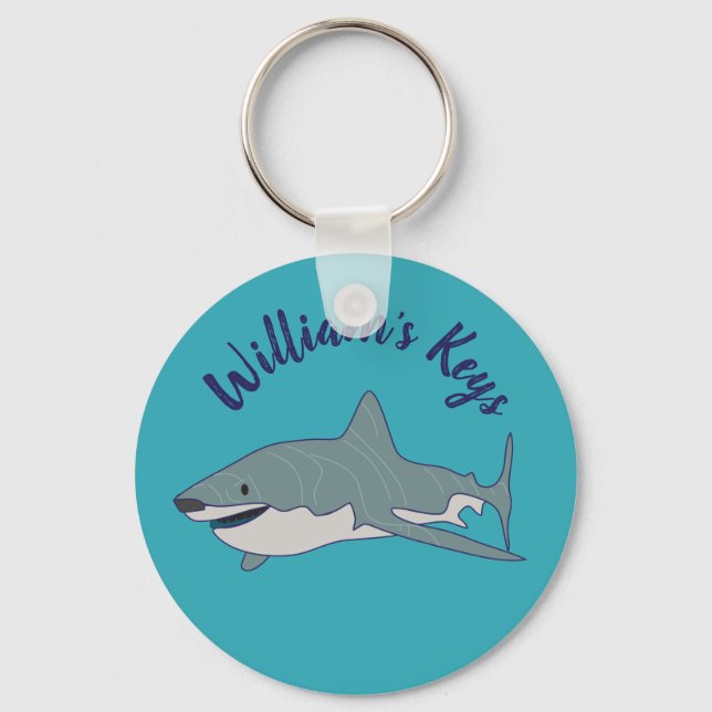 Great White Shark Teal Blue Personalized Keychain (Front)