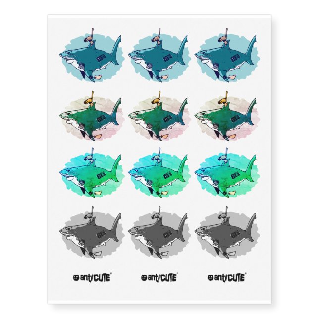 great white shark tracked funny cartoon temporary tattoos (Front)