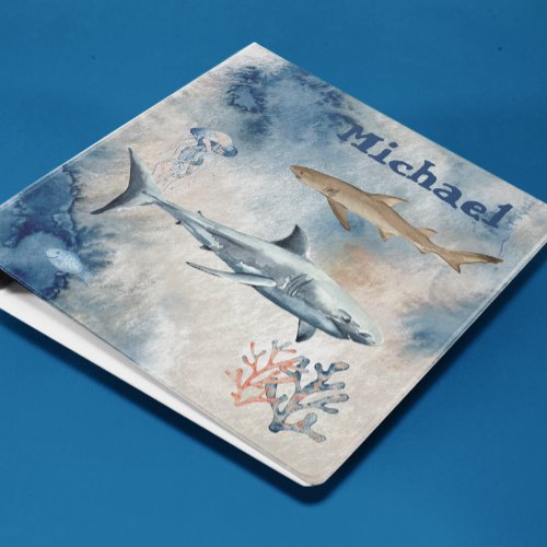 Great White Shark Watercolor Ocean Personalized 3 Ring Binder