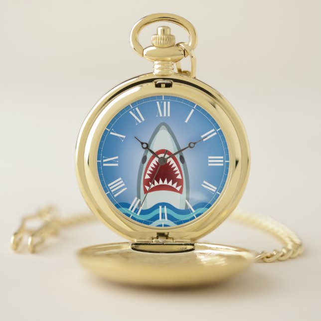 Great White Shark With Jaws Agape Funny Pocket Watch (Inside)