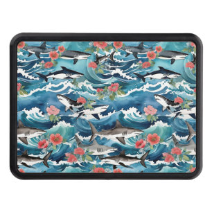 Great White Sharks In Crashing Waves Floral Hitch Cover