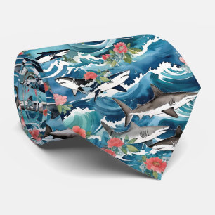 Great White Sharks In Crashing Waves Floral Neck Tie
