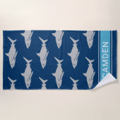 Great White Sharks Navy Blue Custom Name Beach Towel (Front)