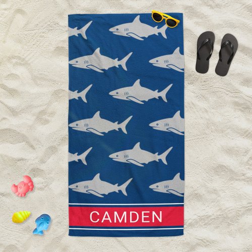 Great White Sharks Navy Red Custom Name Beach Towel