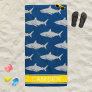 Great White Sharks Navy Yellow Custom Name Beach Towel