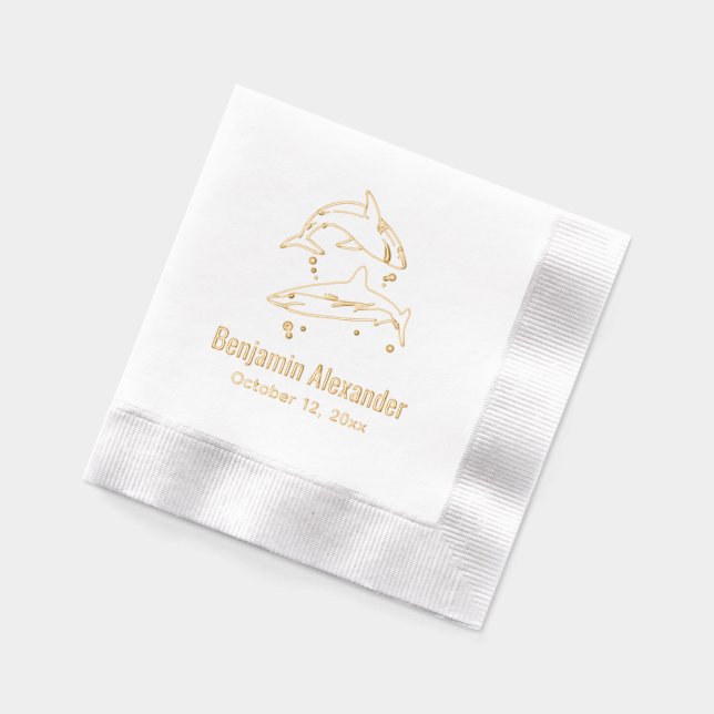 Great White Sharks Ocean Theme Name Date Foil Napkins (Left)