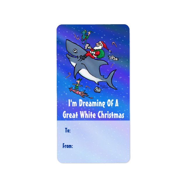 Great White Xmas Gift Labels With Santa on Shark (Front)