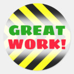 [ Thumbnail: "Great Work!"; Black & Yellow Chevron-Like Pattern Round Sticker ]