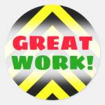 [ Thumbnail: "Great Work!"; Black & Yellow Chevron-Like Pattern Round Sticker ]