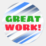 [ Thumbnail: Great Work!; Blue/White/Gray Lines/Stripes Pattern Round Sticker ]