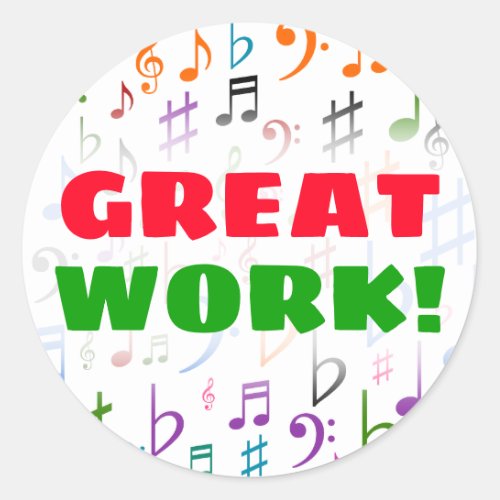 GREAT WORK Many Colorful Music Notes and Symbols Classic Round Sticker