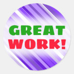 [ Thumbnail: "Great Work!" + Purple and White Striped Pattern Round Sticker ]